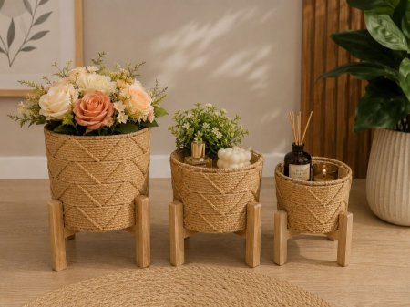 طقم سلال ديكور بتصميم طبيعي أنيق مكوّن من 3 أحجام مختلفة