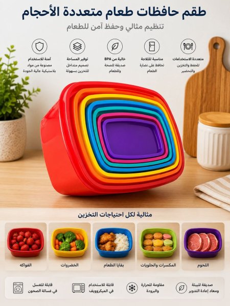 طقم حافظات طعام متعددة الأحجام والألوان