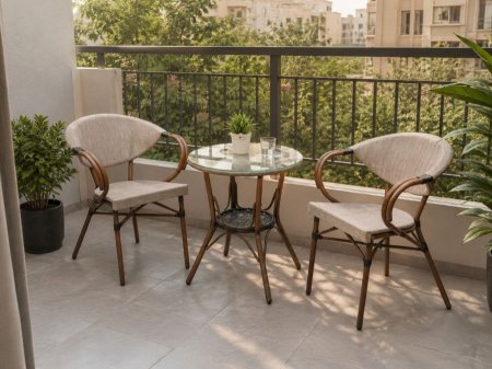 طقم جلسة بلكونة أنيق مكوّن من طاولة دائرية وكرسيين