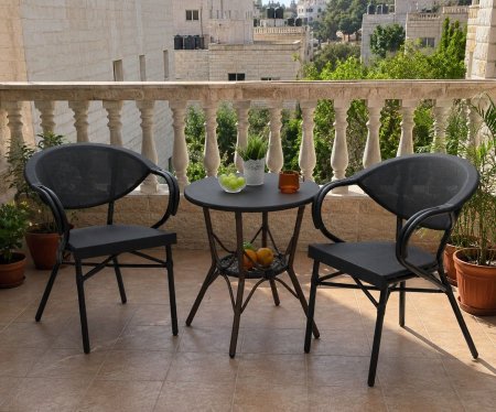 طقم جلسة بلكونة خارجي دائري مع كرسيين وطاولة زجاجية