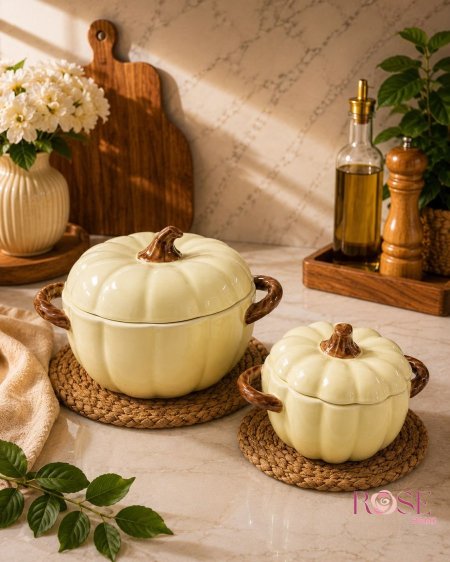 طقم طناجر سيراميك بتصميم اليقطين – حجم كبير وصغير